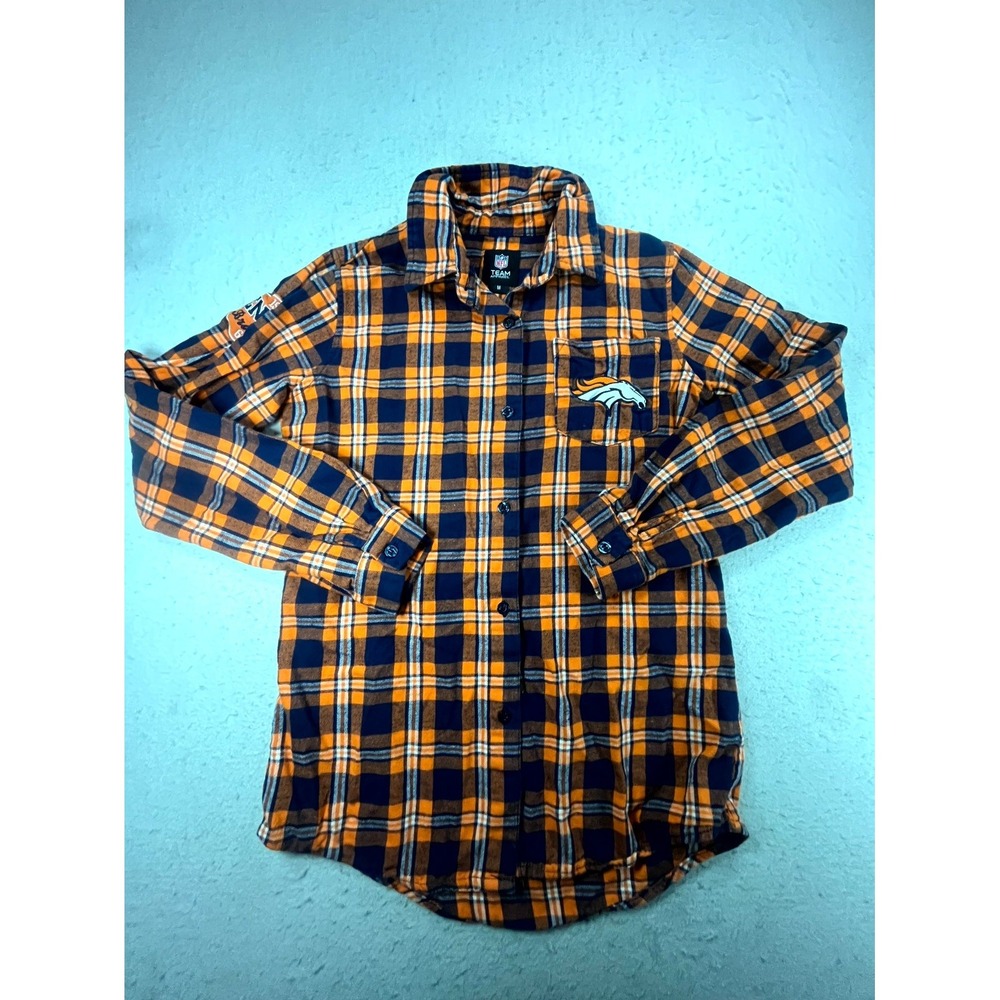 Denver Broncos Flannel Shirt Boys Youth M Orange Navy Plaid NFL Team Apparel